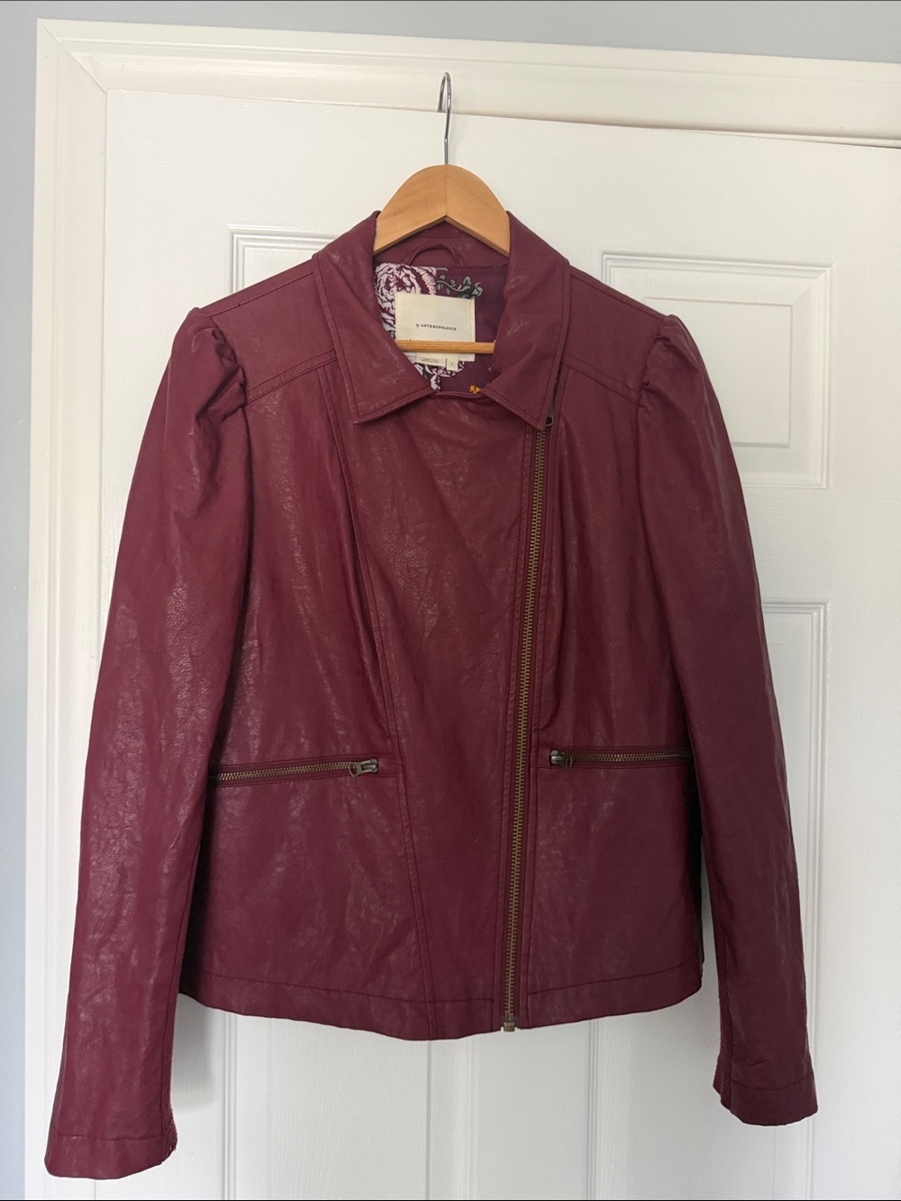 Anthropologie Maroon Leather Asymmetrical Zip Jacket